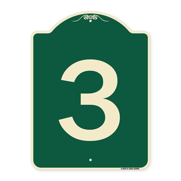 Designer Series Sign W/ Number 3, Green & Tan Heavy-Gauge Aluminum Sign, 24" x 18", G-1824-22896